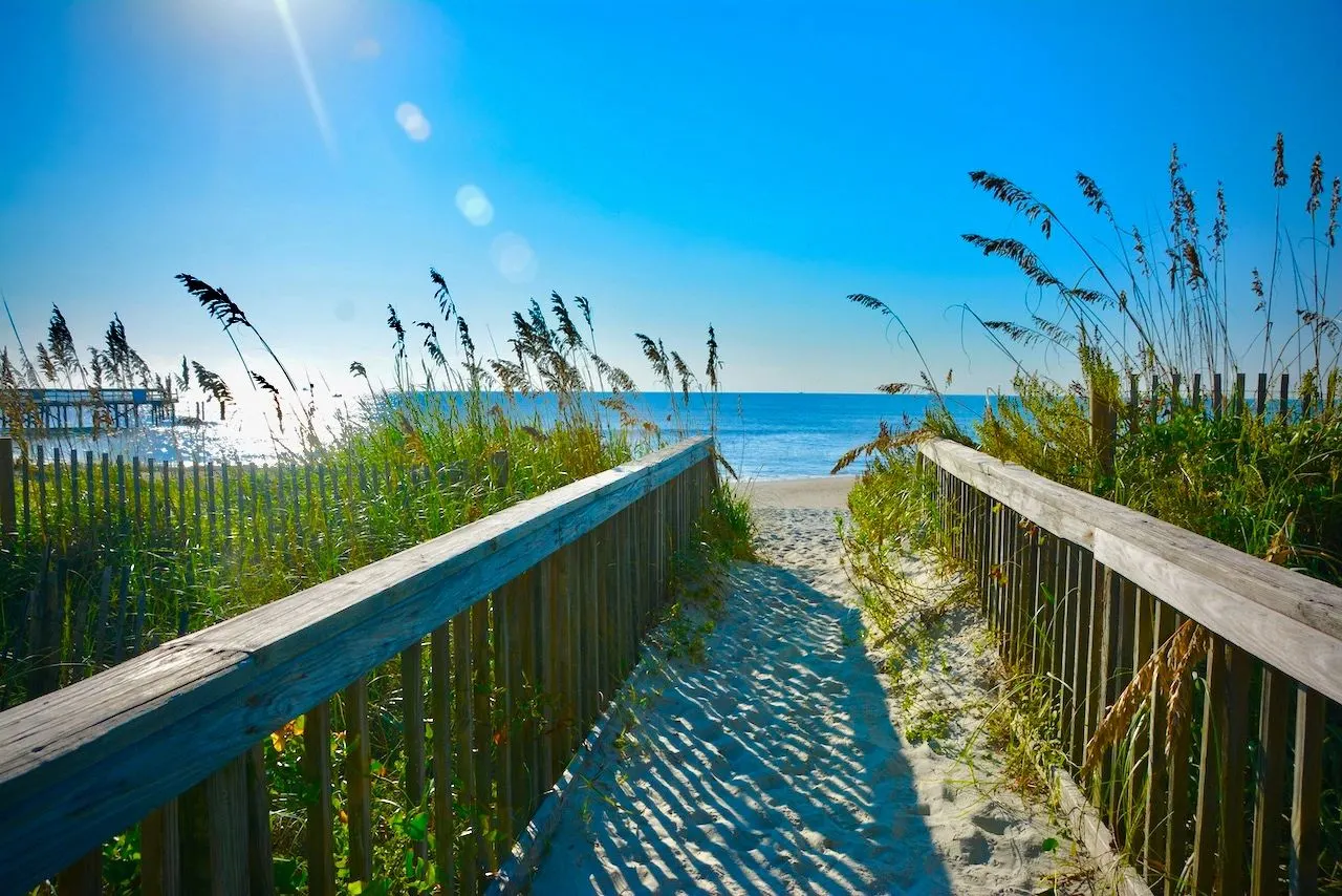 Wooden boardwalk through the sea oats down to the beach