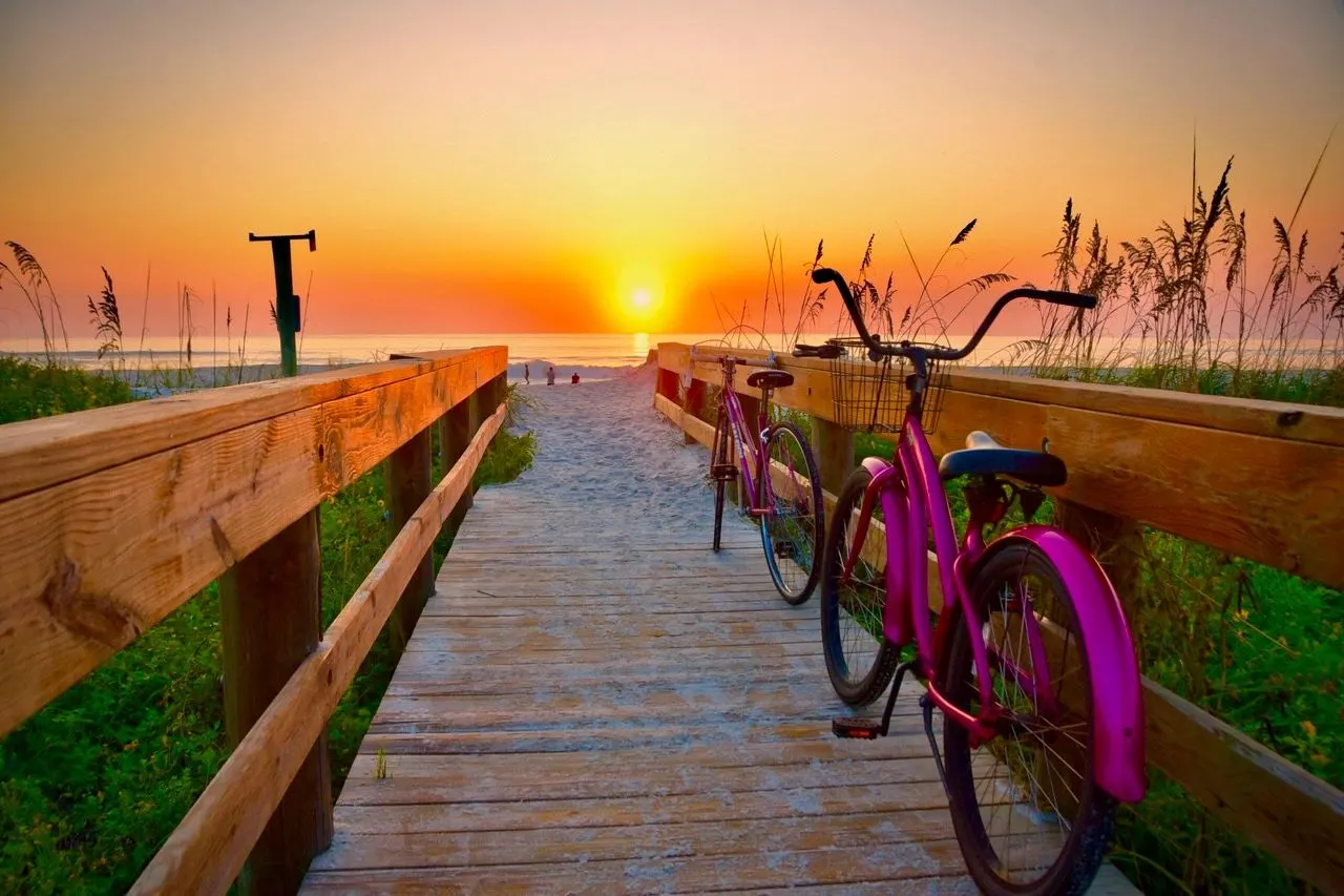 Two pink bicycles parked on a boardwalk at sunrise
